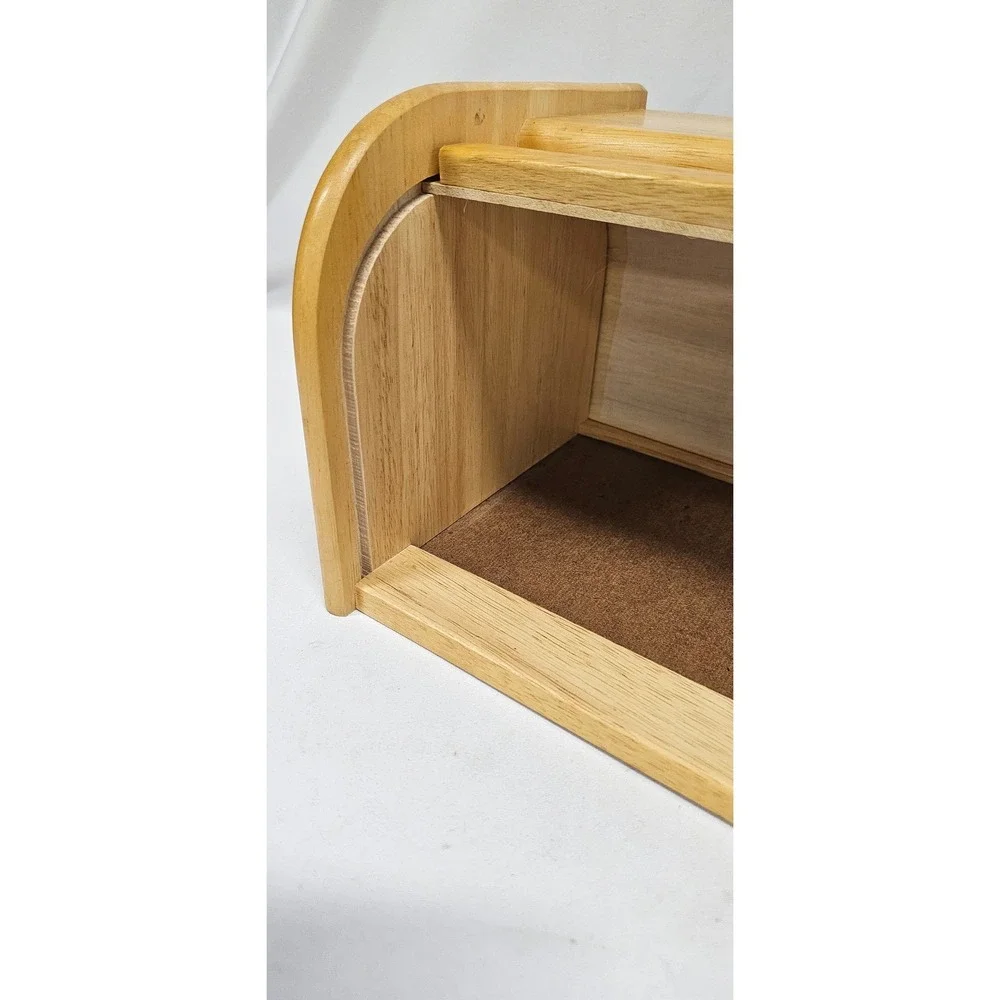 Vintage Wooden Roll Top Bread Box Natural Wood Kitchen Countertop Storage Bin